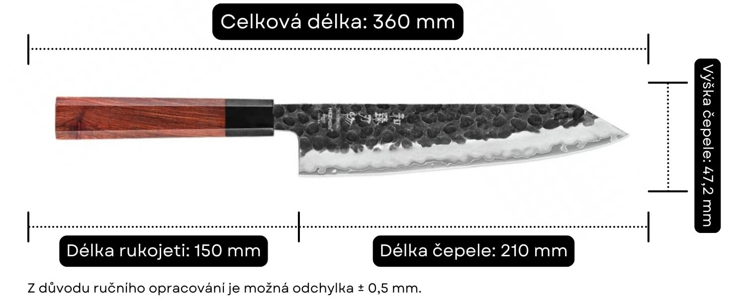 Rozměry šéfkuchařského nože HezHen PM8S