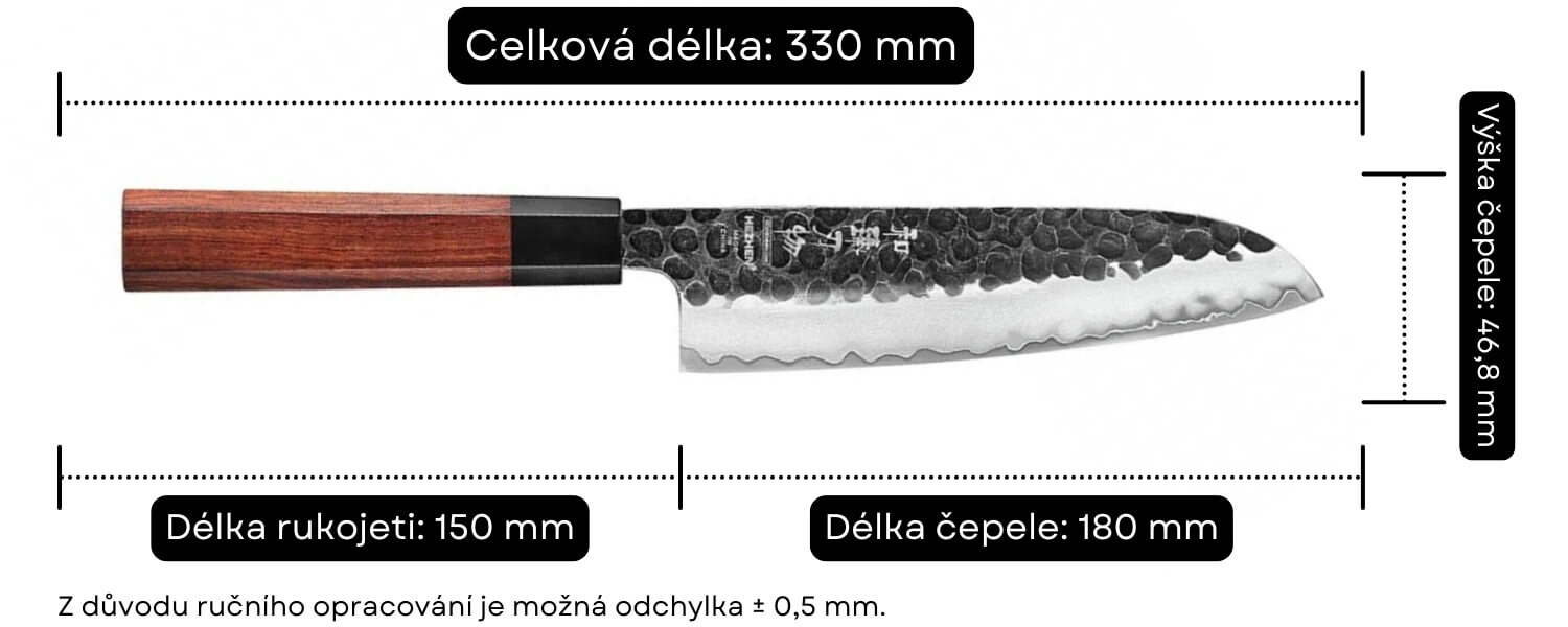 Rozměry santoku nože HEZHEN PM8S