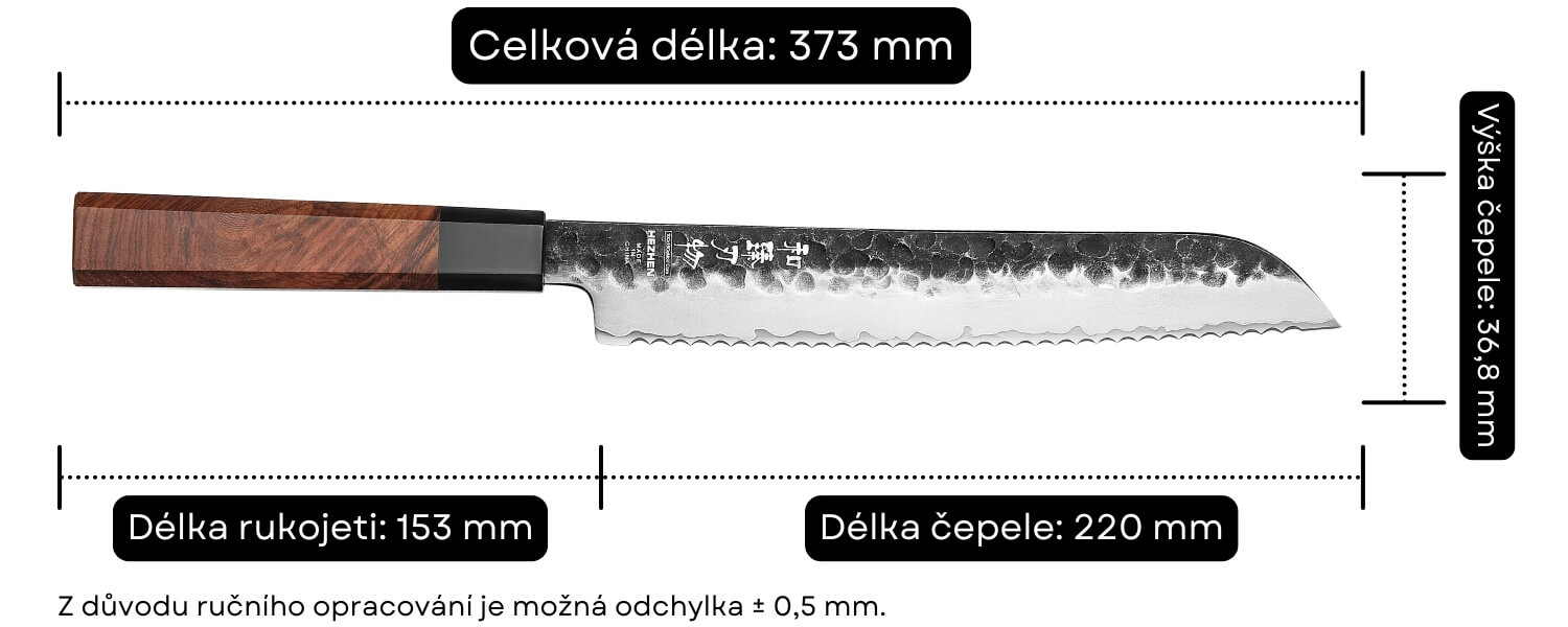Rozměry nože na pečivo HezHen PM8S