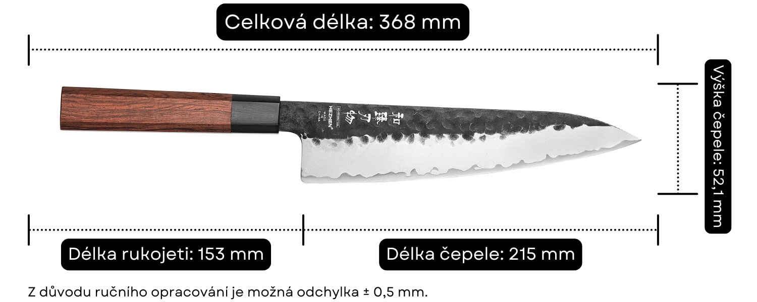 Rozměry šéfkuchařského nože HezHen PM8S