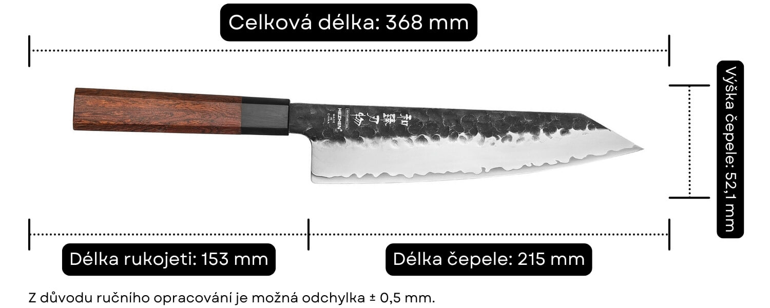 Rozměry šéfkuchařského nože HezHen PM8S