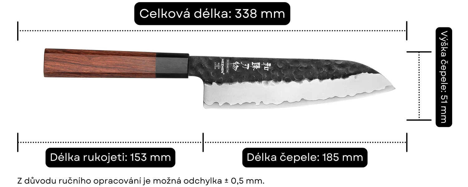 Rozměry santoku nože HEZHEN PM8S