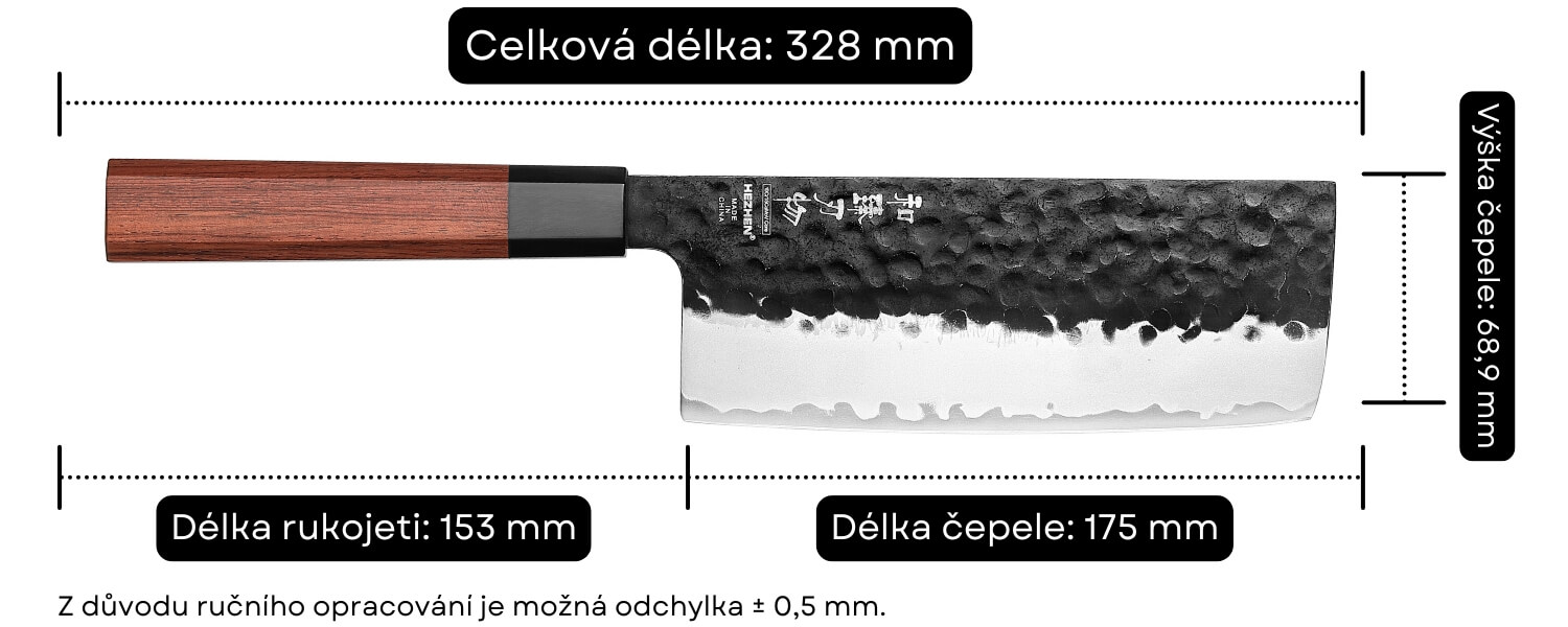 Rozměry nakiri nože HEZHEN PM8S