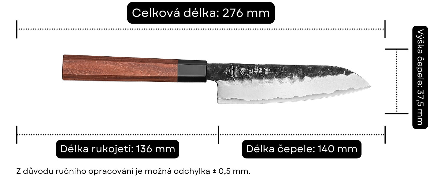 Rozměry santoku nože HezHen PM8S