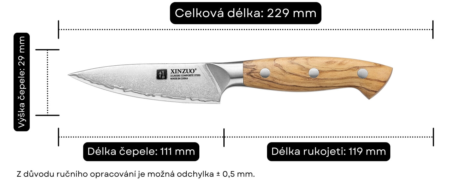 Rozměry nože na lupání XinZuo Pin X02O