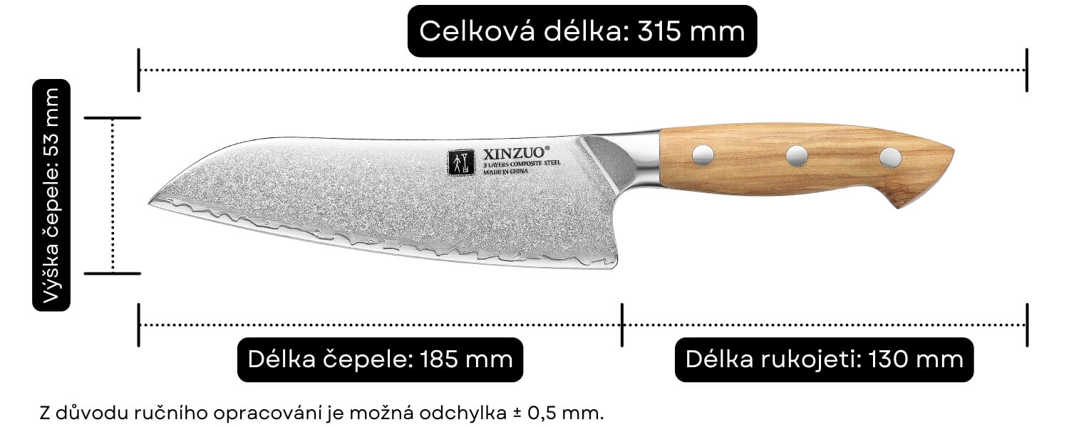 Rozměry santoku nože XinZuo Pin X02O