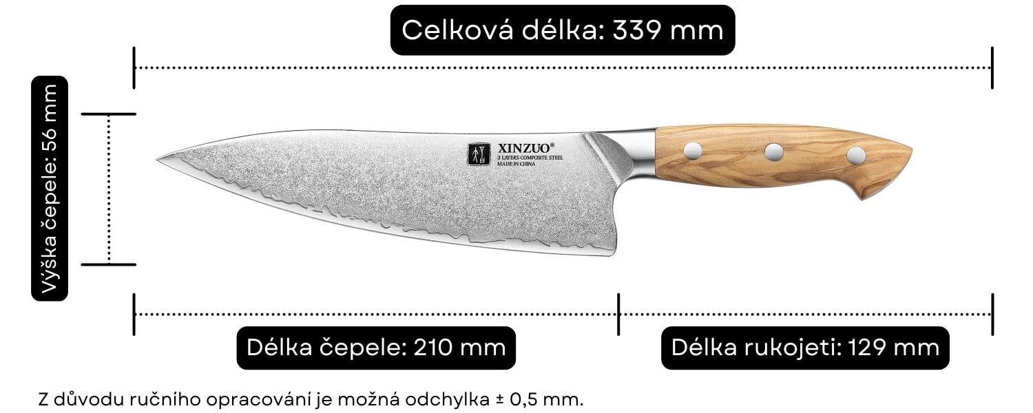 Rozměry šéfkuchařského nože XinZuo Pin X02O