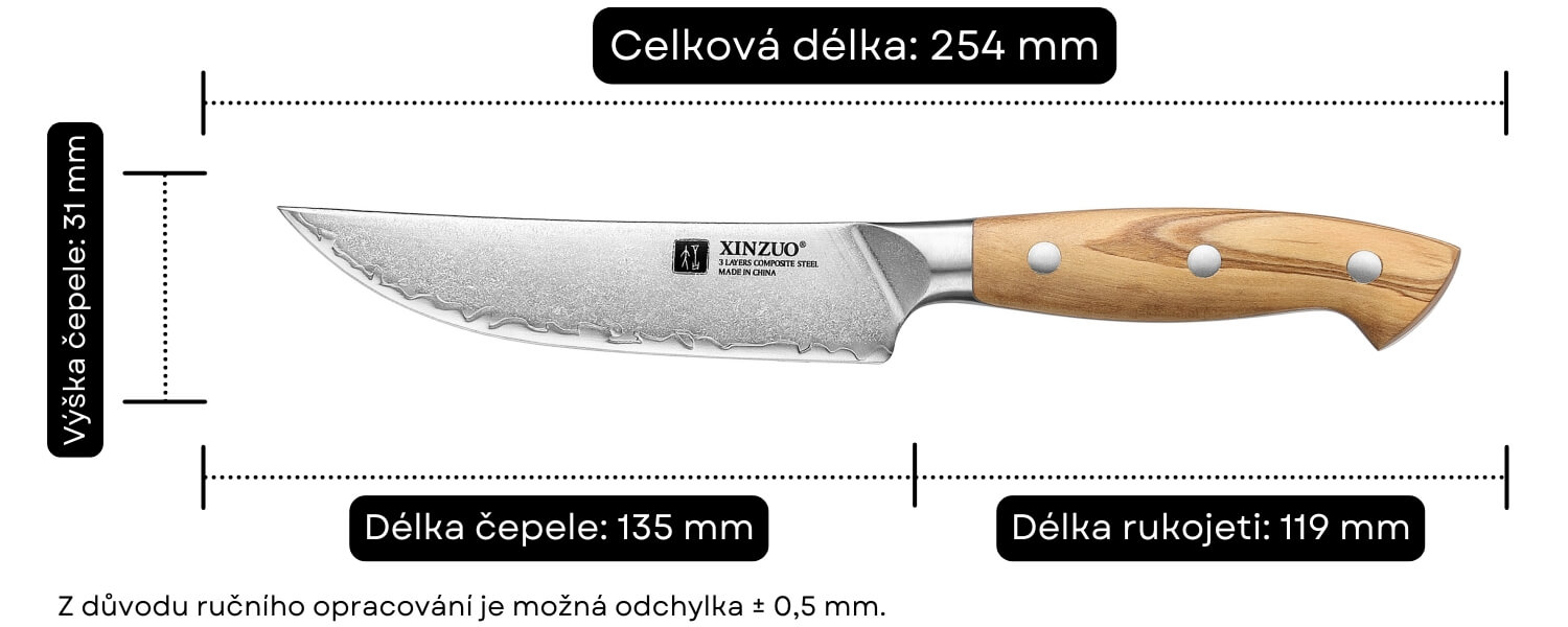 Rozměry nože na steaky XinZuo Pin X02O