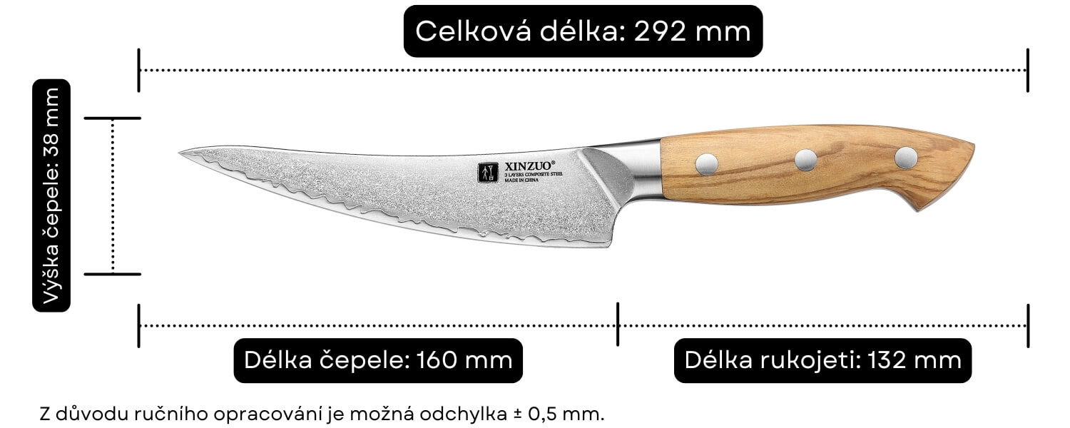 Rozměry vykosťovacího nože XinZuo Pin X02O