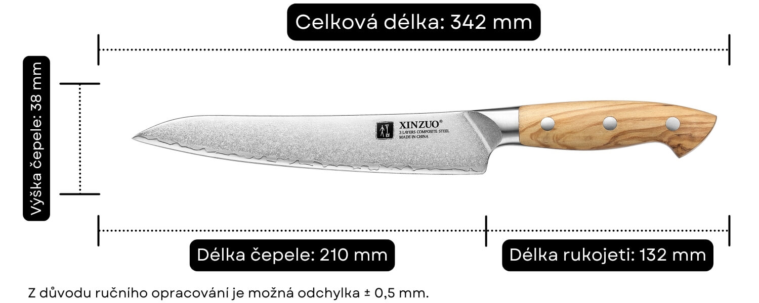 Rozměry nože na maso XinZuo Pin X02O