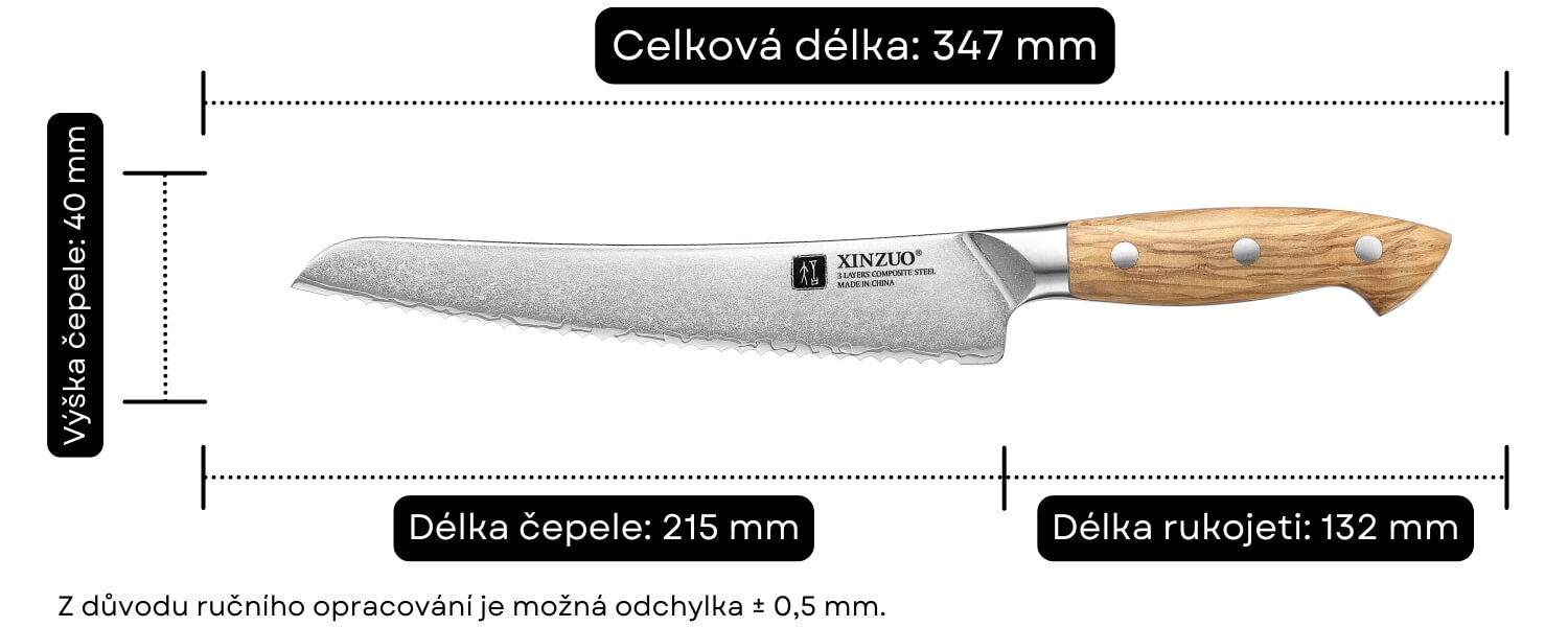 Rozměry nože na pečivo XinZuo Pin X02O