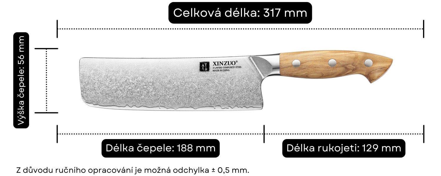 Rozměry nakiri nože XinZuo Pin X02O