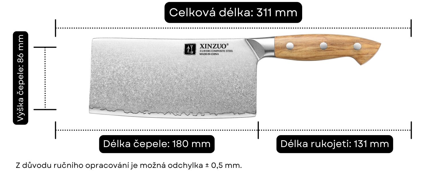 Rozměry šéfkuchařského nože TAO XinZuo Pin X02O