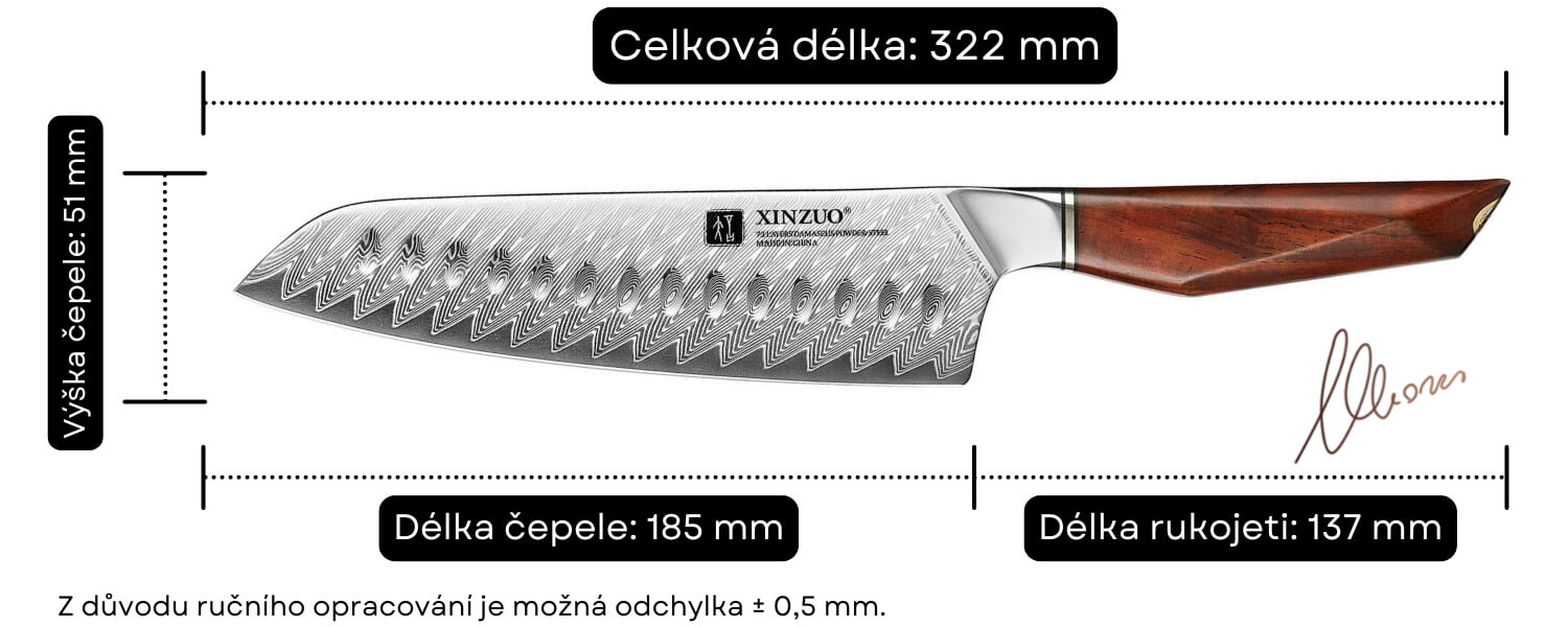 Rozměry nože Santoku Xing X03