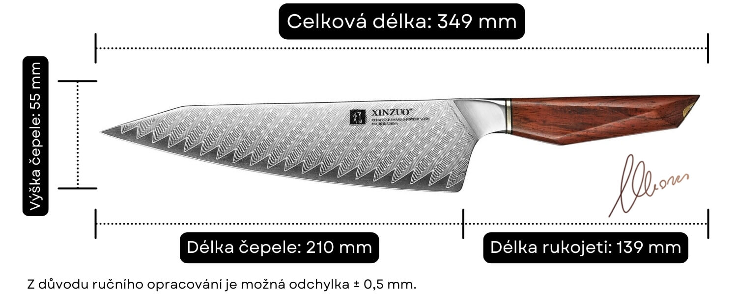 Rozměry šéfkuchařského nože Bunka Xing X03