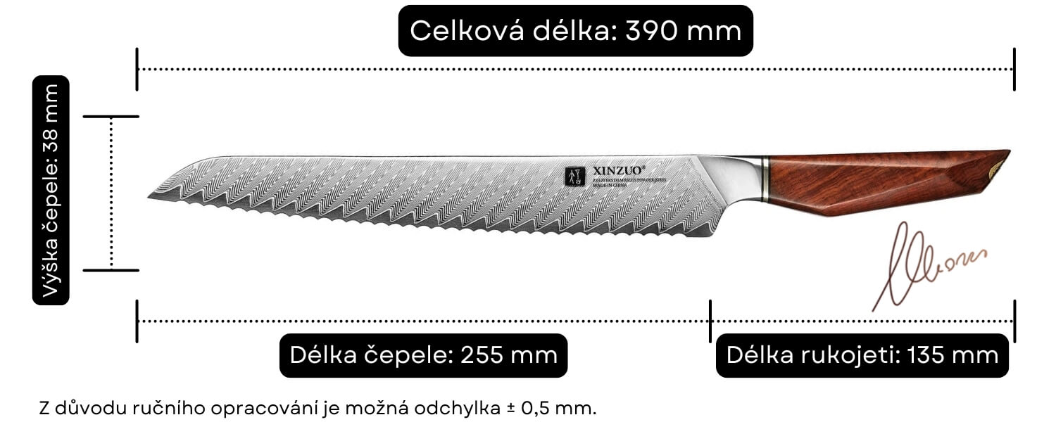 Rozměry nože na pečivo Xing X03