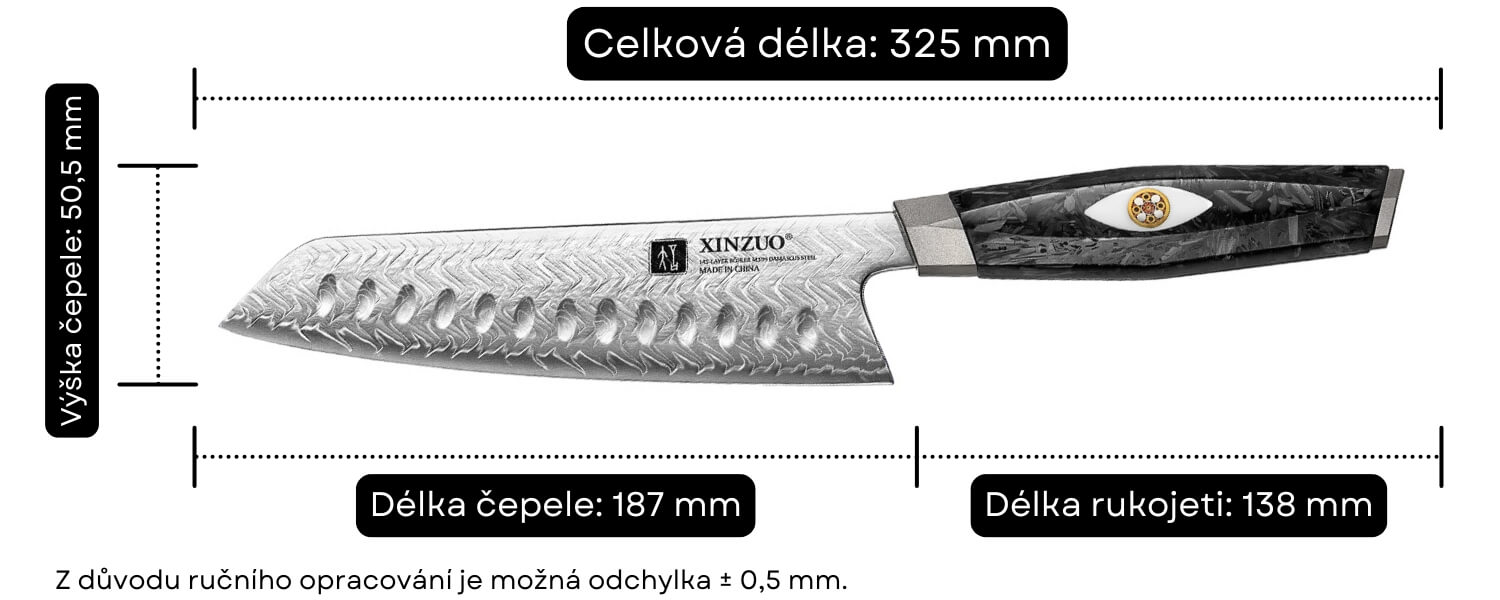 Rozměry santoku nože XinZuo Li X04