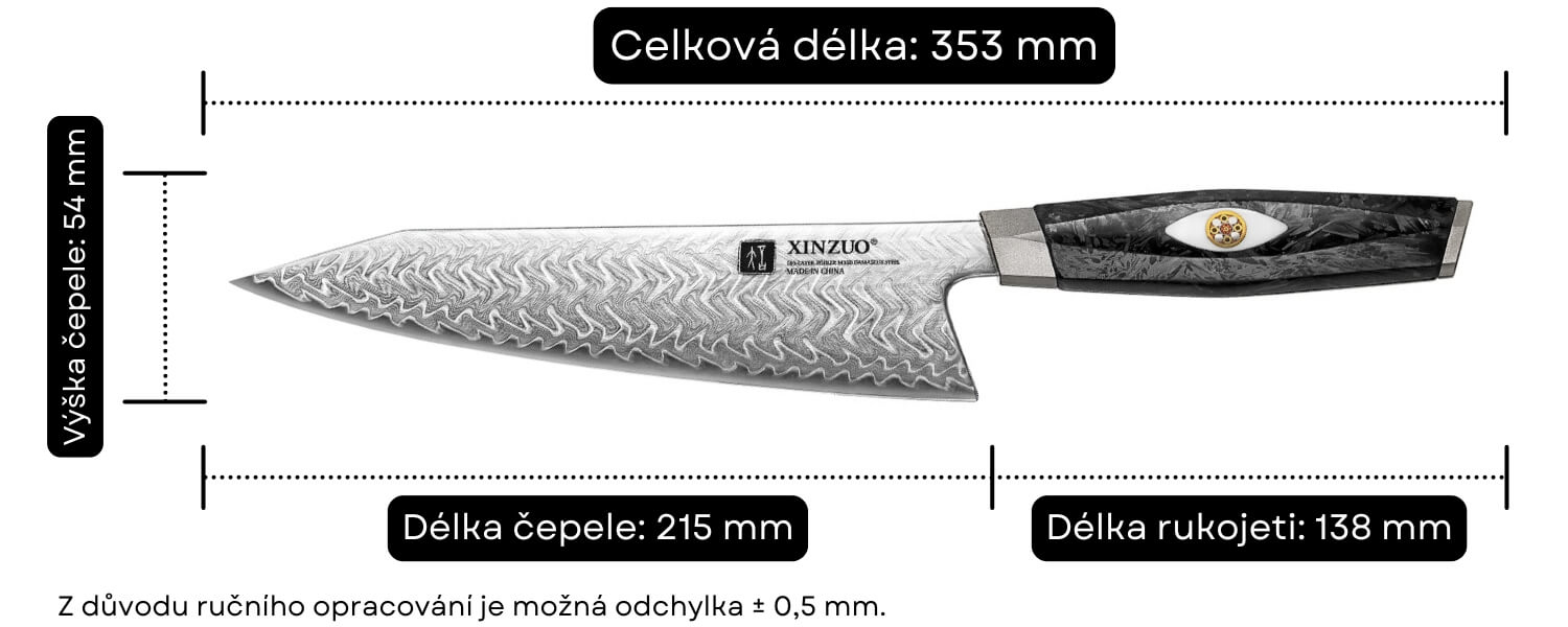 Rozměry šéfkuchařského nože XinZuo Li X04
