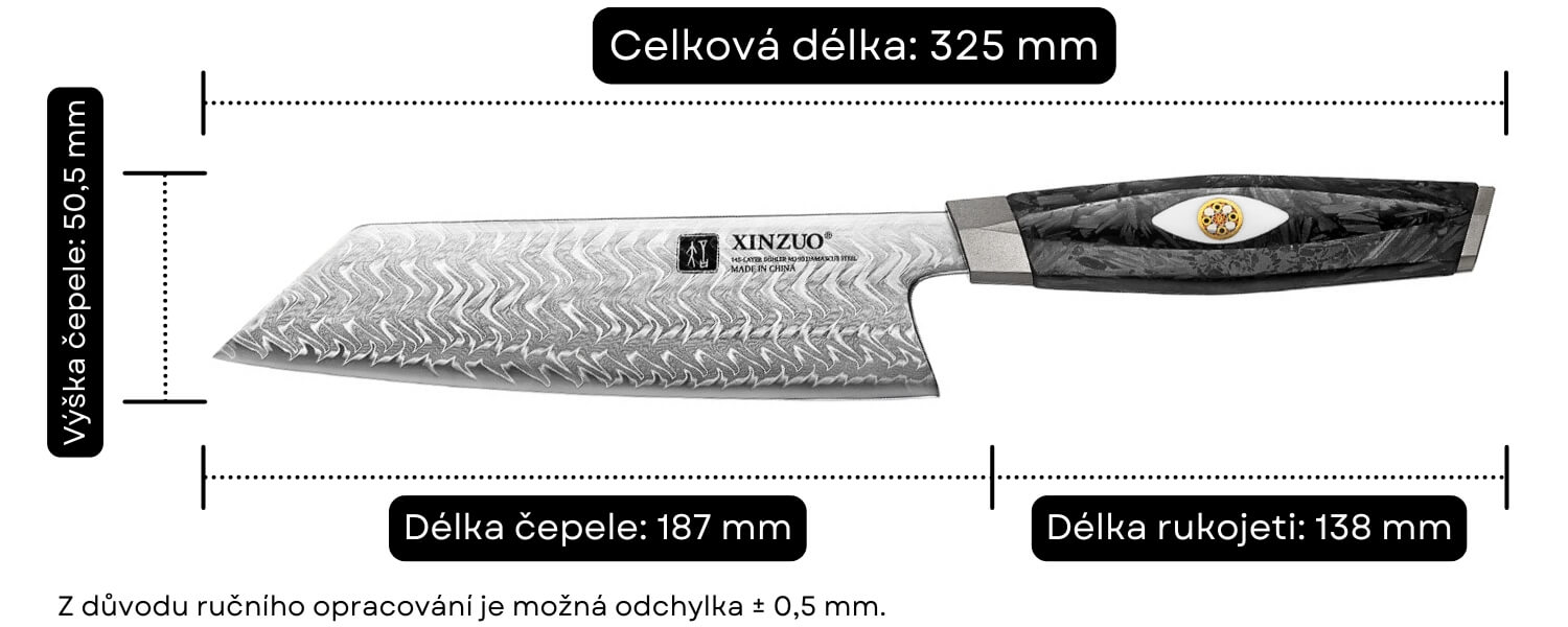 Rozměry šéfkuchařského nože Bunka Li