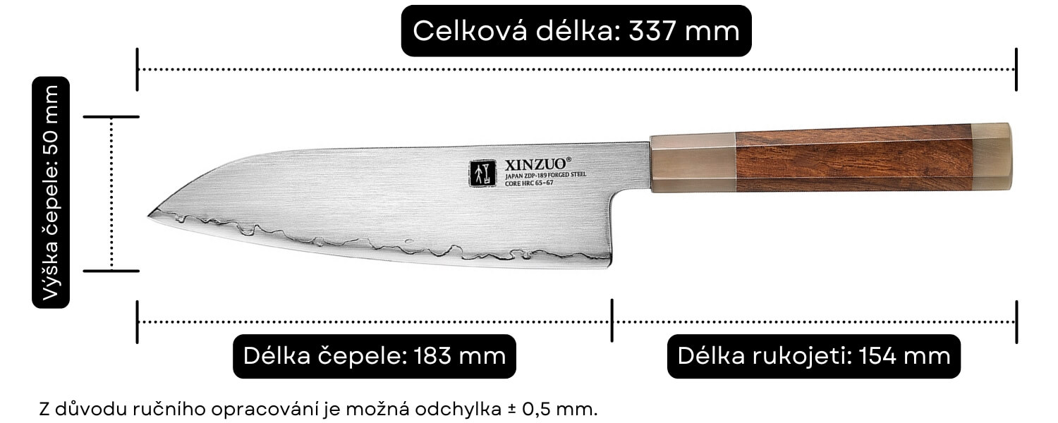 Rozměry santoku nože XinZuo Zhen X05Z