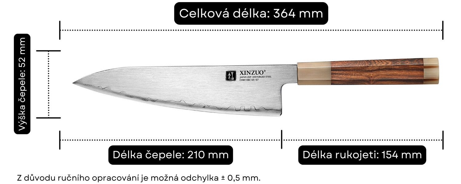 Rozměry šéfkuchařského nože XinZuo Zhen X05Z