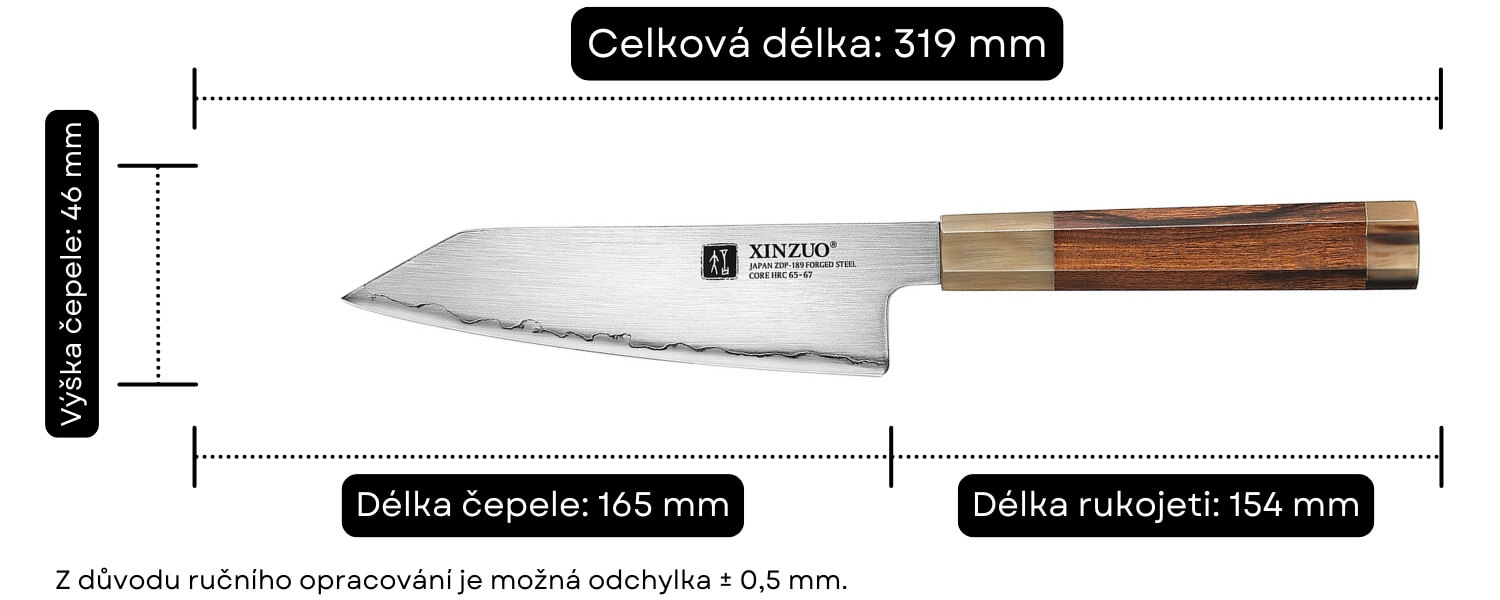 Rozměry šéfkuchařského nože Bunka Zhen X05Z