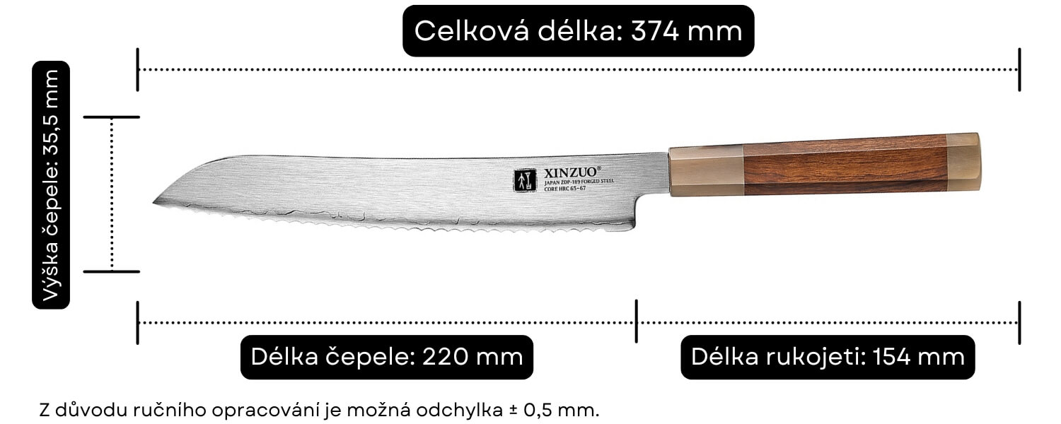Rozměry nože na pečivo XinZuo Zhen X05Z