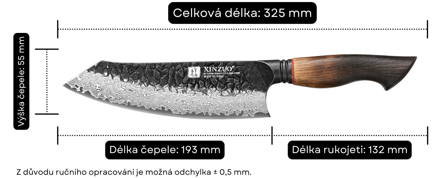 Rozměry santoku nože XinZuo Mo