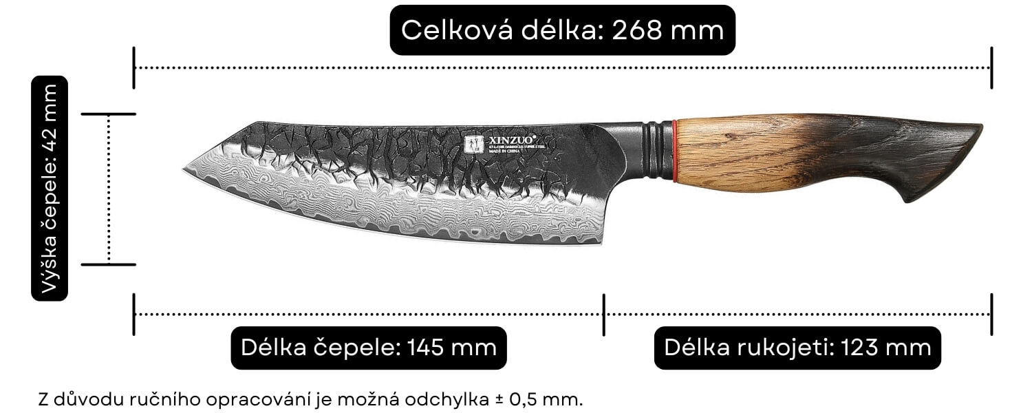 Rozměry santoku nože XinZuo Mo
