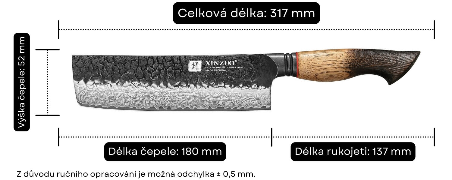 Rozměry nakiri nože XinZuo Mo X06