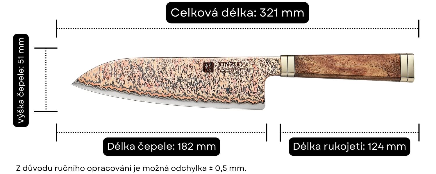 Rozměry santoku nože Bunka X08C
