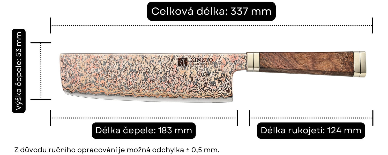 Rozměry nakiri nože Bunka X08C