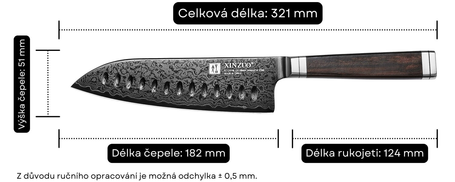 Rozměry nože santoku Ji X08E