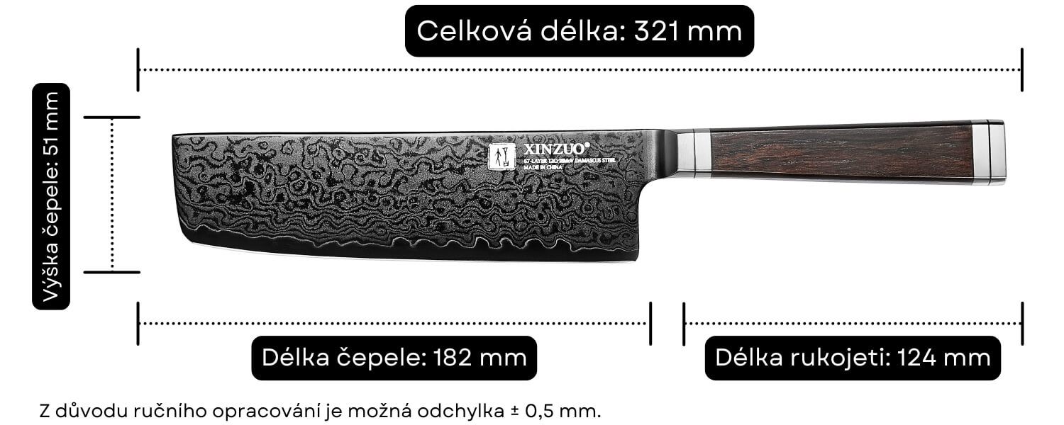 Rozměry nakiri nože Ji X08E