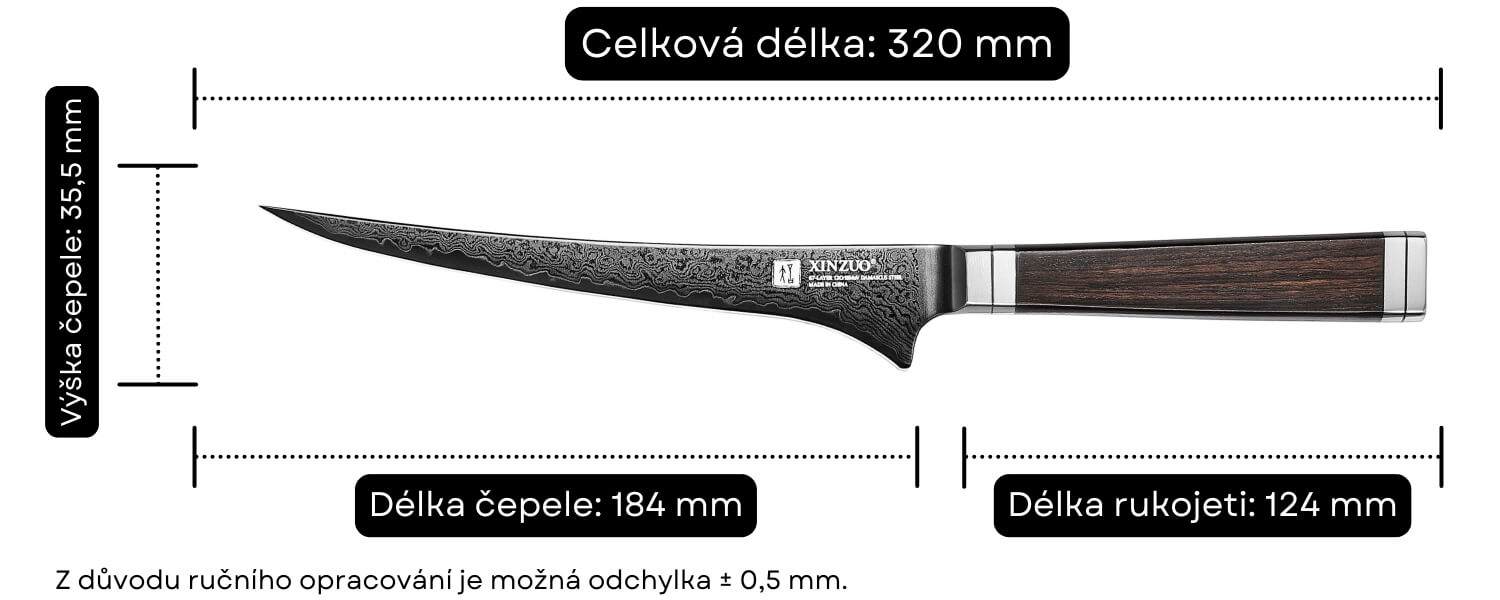 Rozměry nože na filetování Ji X08E
