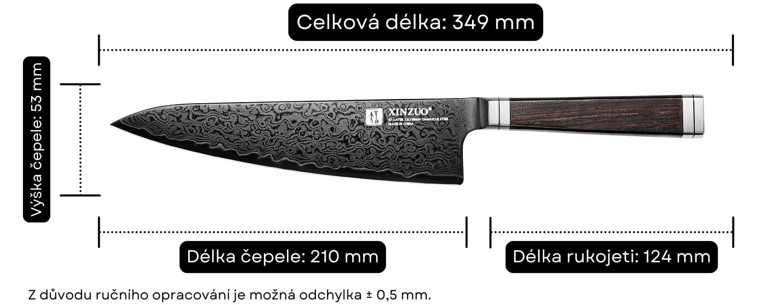 Rozměry šéfkuchařského nože Ji X08E