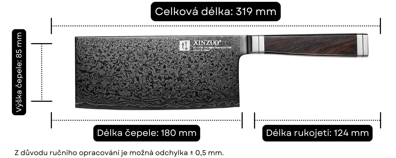 Rozměry šéfkuchařského nože Ji X08E