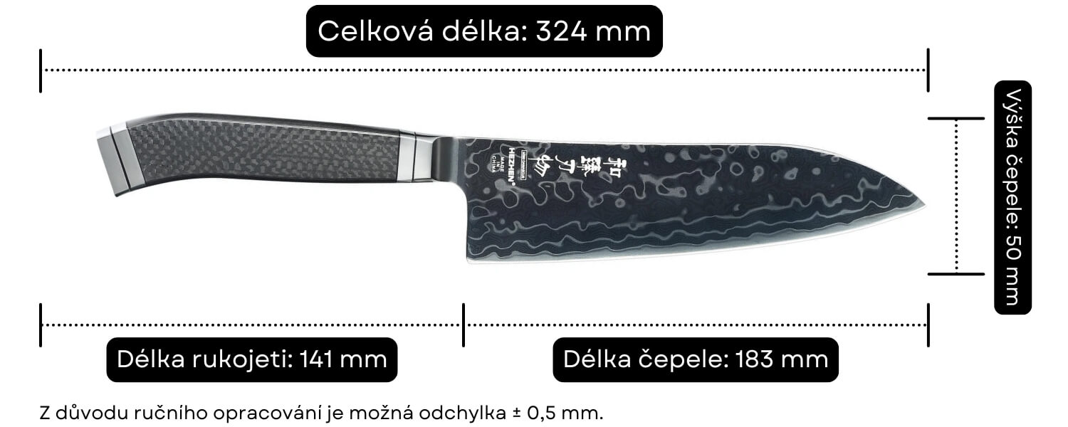 Rozměry Santoku nože X10