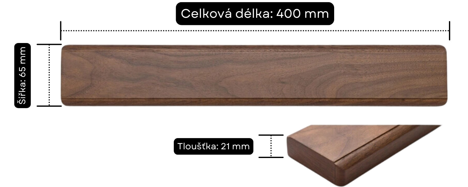 Rozměry magnetické lišty na nože z ořechového dřeva