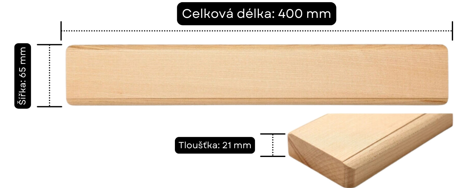 Rozměry magnetické lišty na nože z javorového dřeva