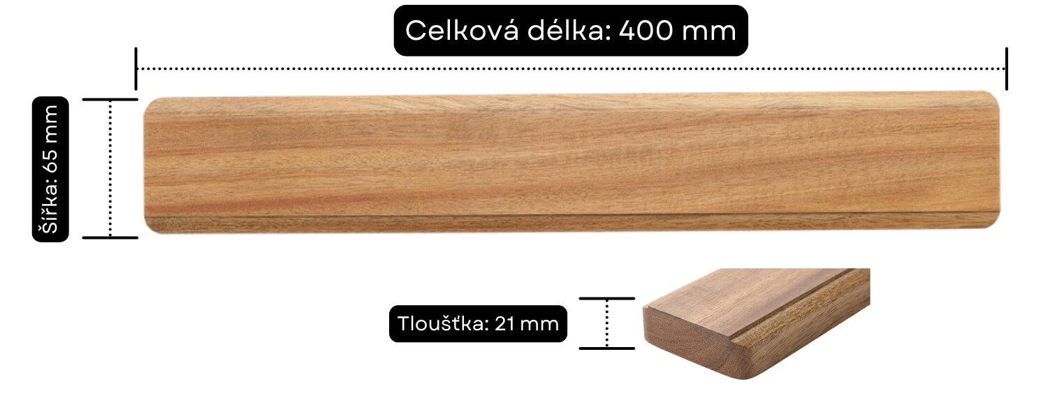 Rozměry magnetické lišty z akácie