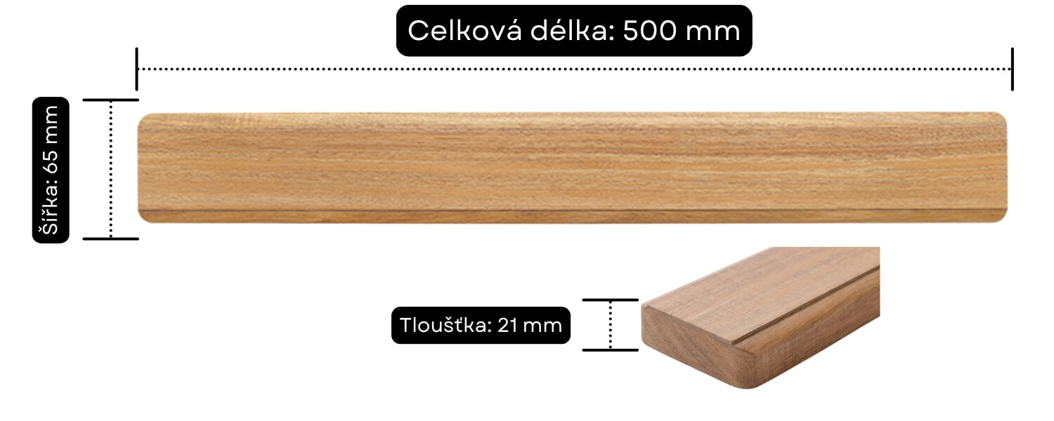 Rozměry magnetické lišty z akácie