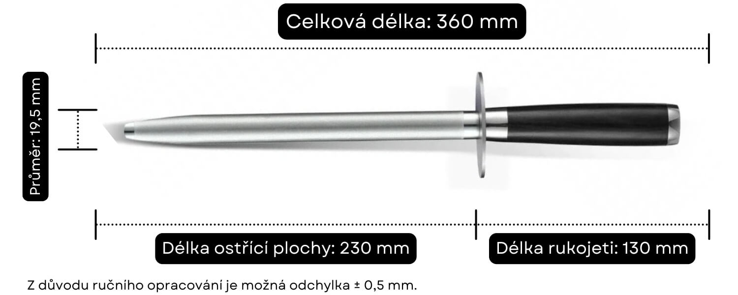 Rozměry diamantové ocílky s ebenovou rukojetí