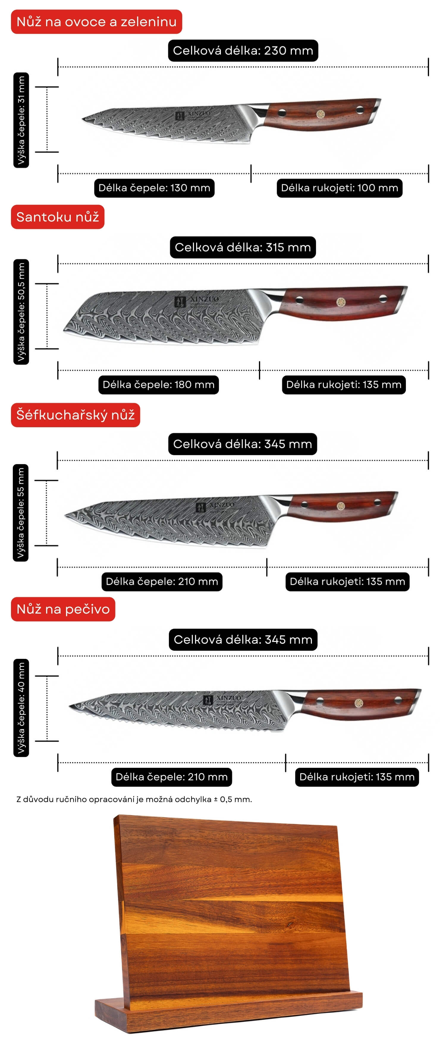 Set nožů XinZuo Yi B27 s magnetickým stojánkem - obsah setu a rozměry nožů