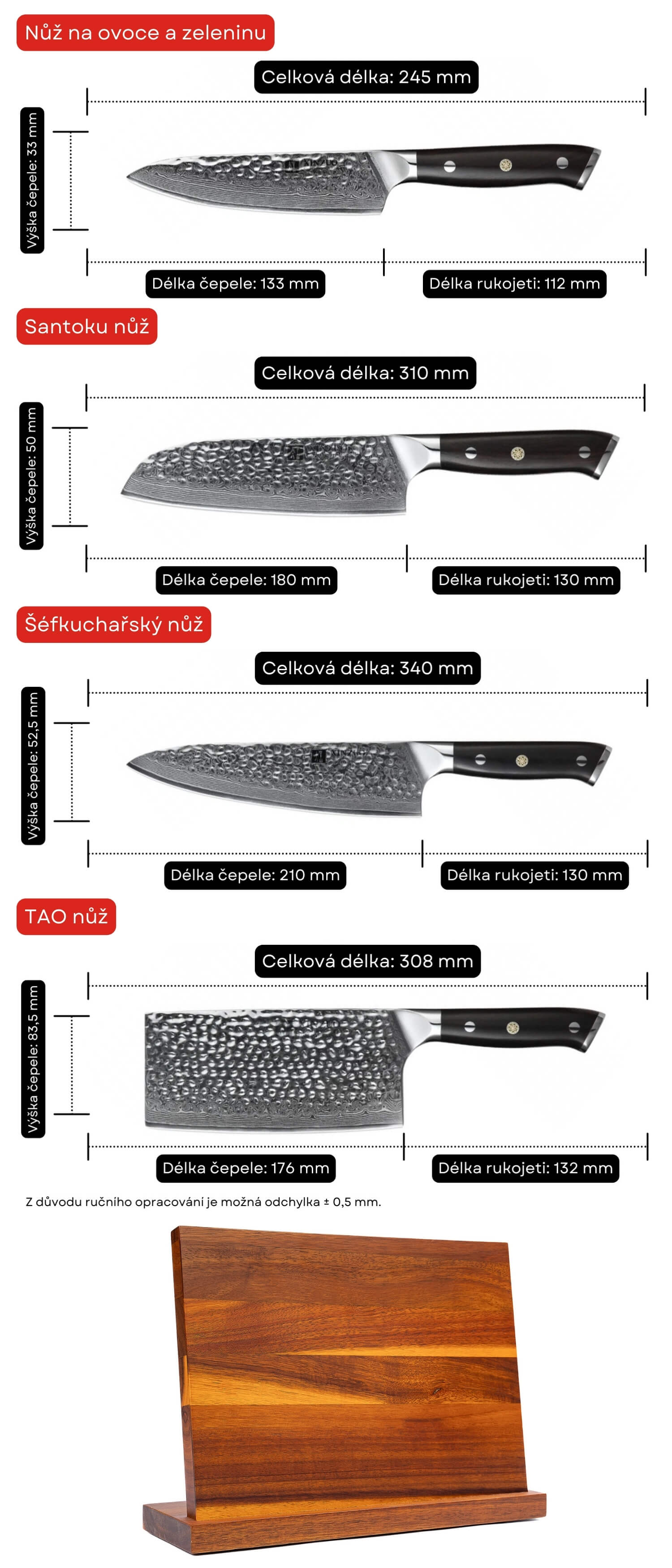 Set nožů XinZuo Yu B13H se stojánkem magnetickým - velikosti nožů a obsah sady