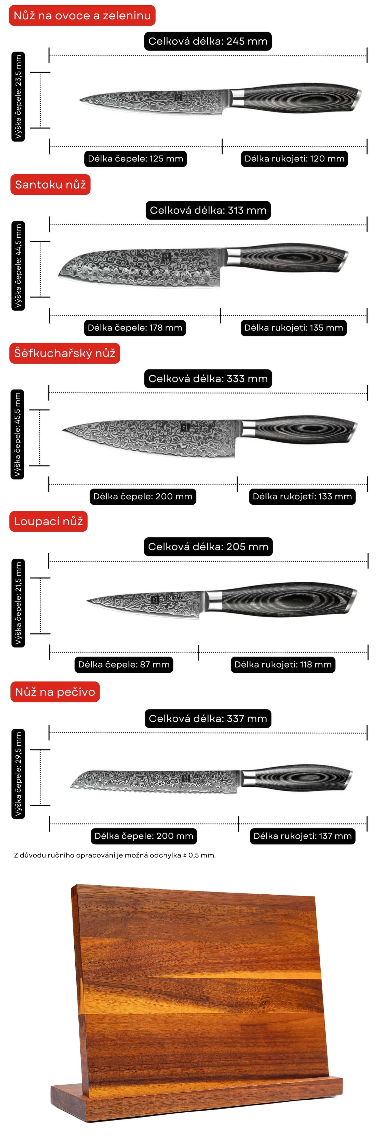 Rozměry sady nožů XinZuo Ya B20
