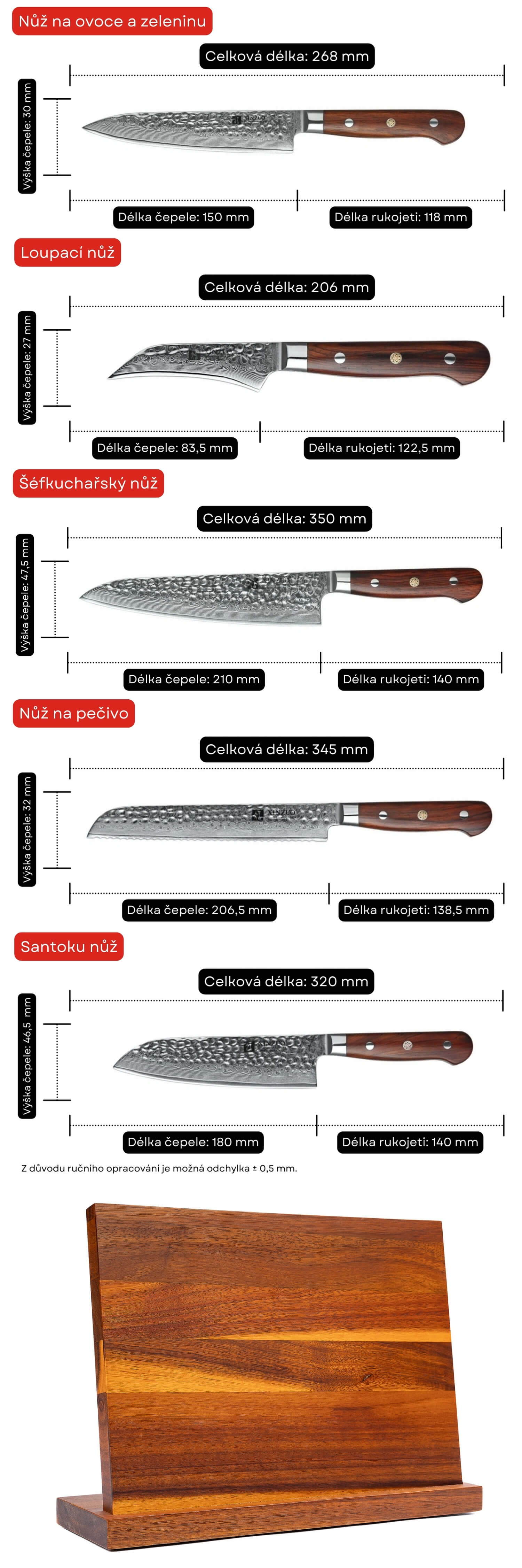 Set nožů XinZuo Yun B9H s magnetickým stojánkem - obsah a rozměry nožů