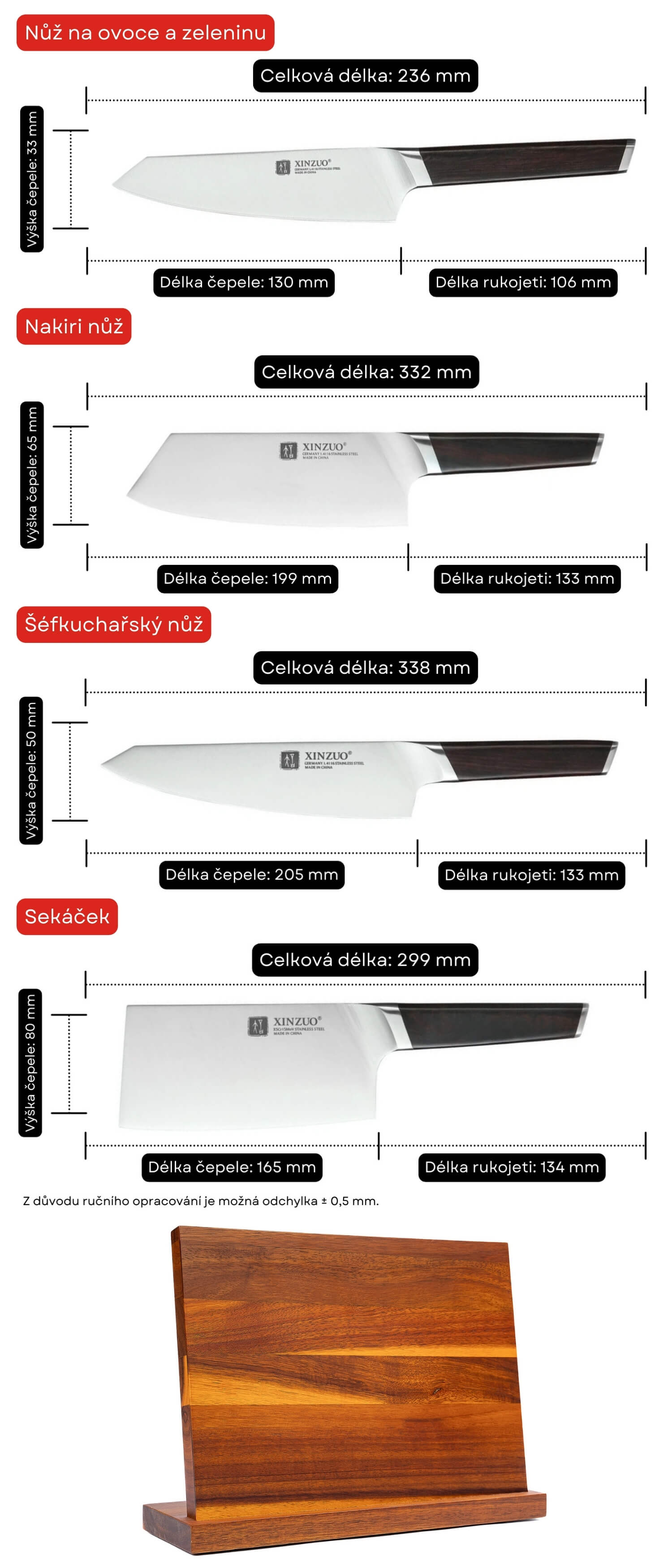 Set nožů XinZuo Rui B5 s magnetickým stojánkem - rozměry nožů a obsah setu