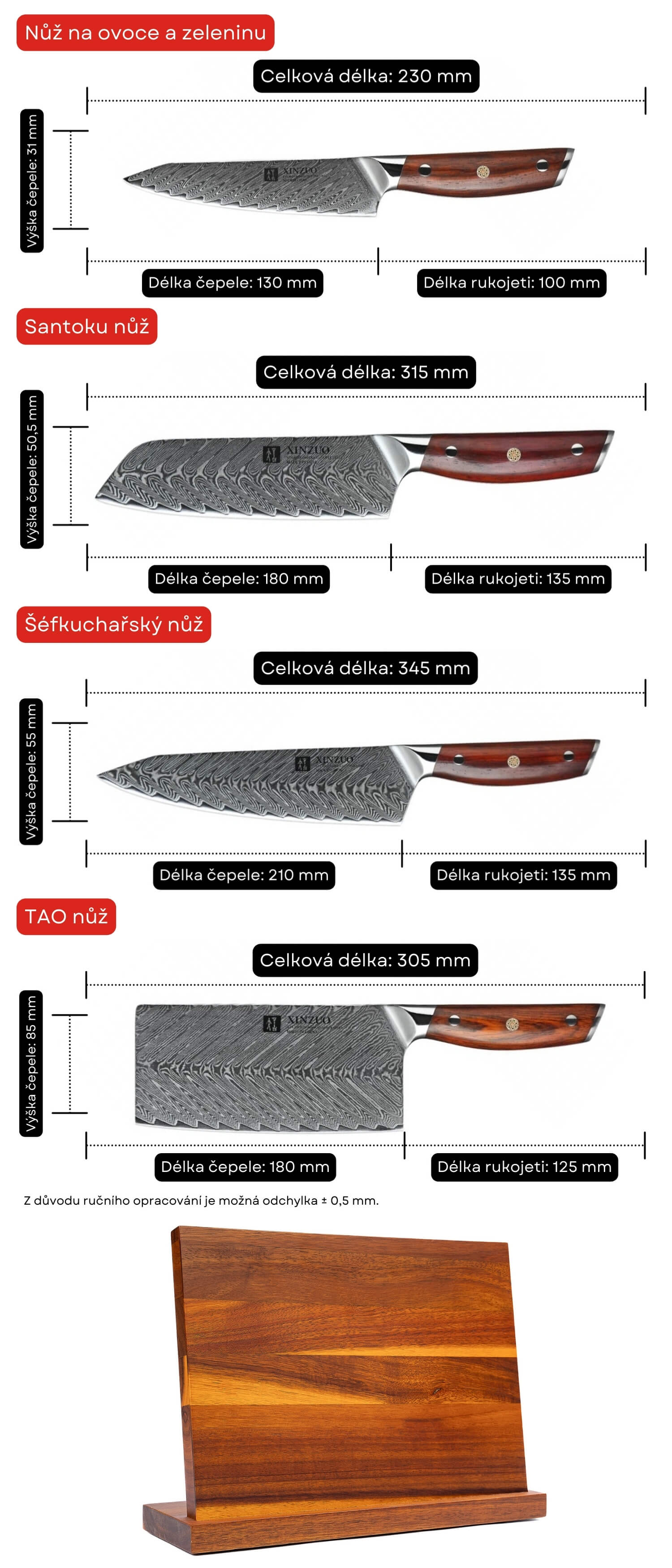 Set nožů XinZuo Yi B27 s magnetickým stojánkem -  obsah setu a rozměry nožů