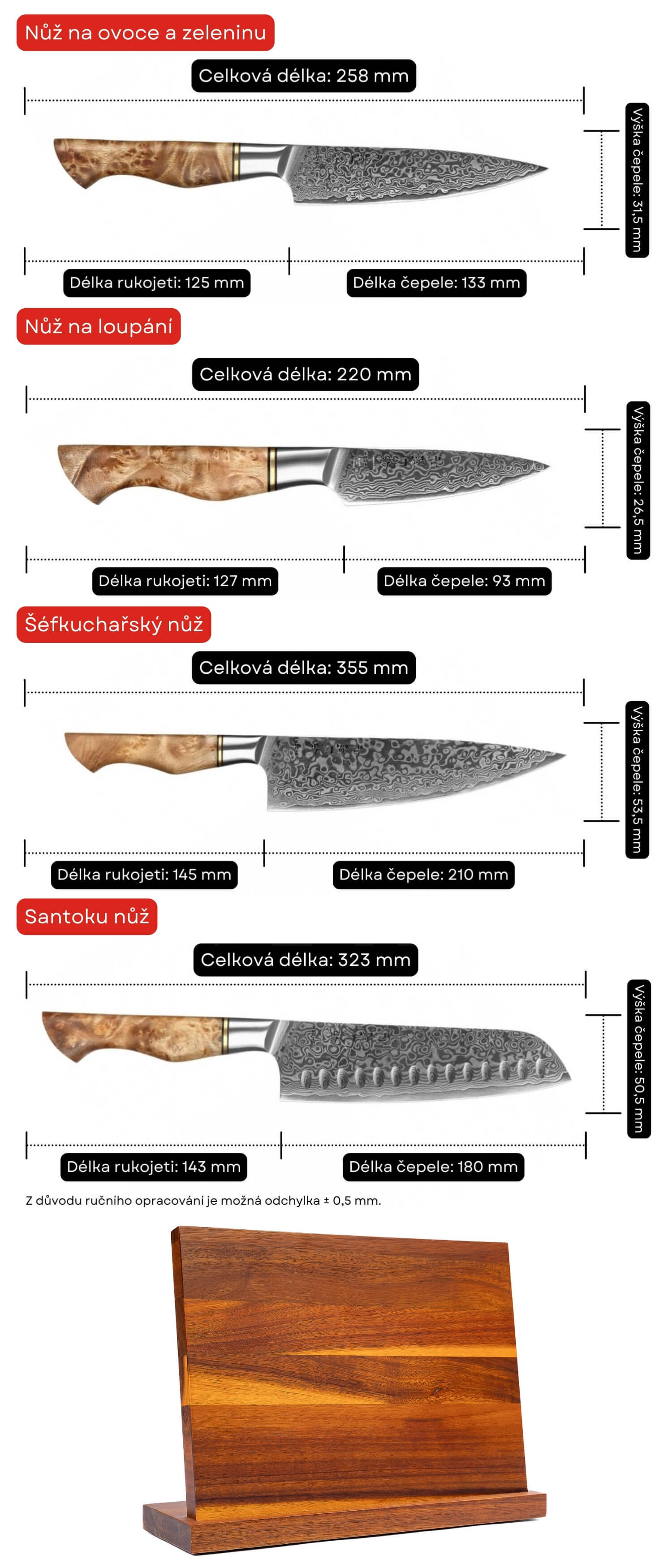Rozměry nožů v sadě HezHezn Master B30 s magnetickým stojánkem